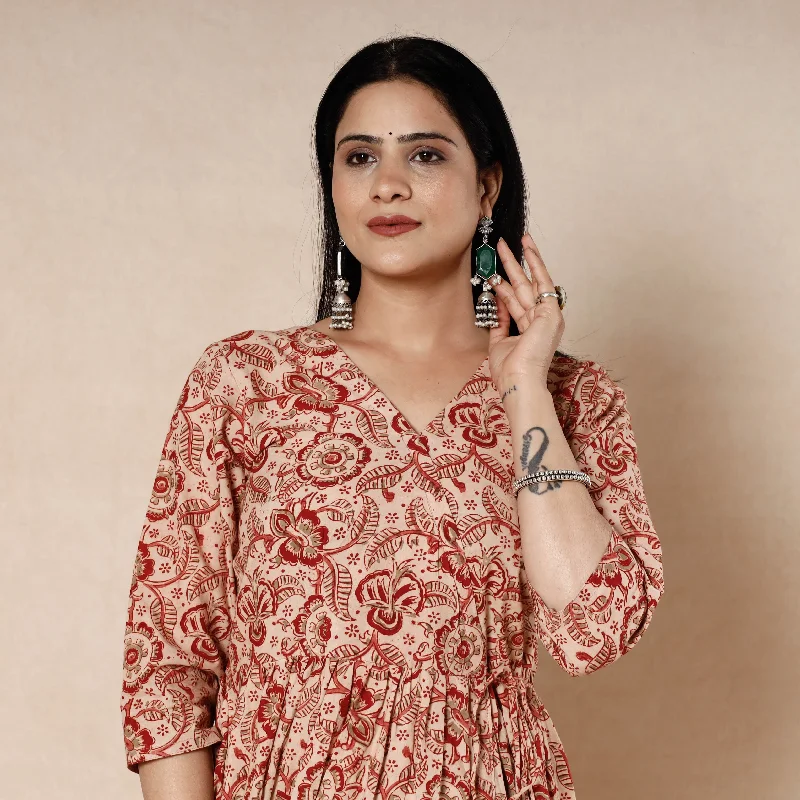 Trendy Fashion Sale Beige - Kalamkari Block Printed Cotton Flared Dress