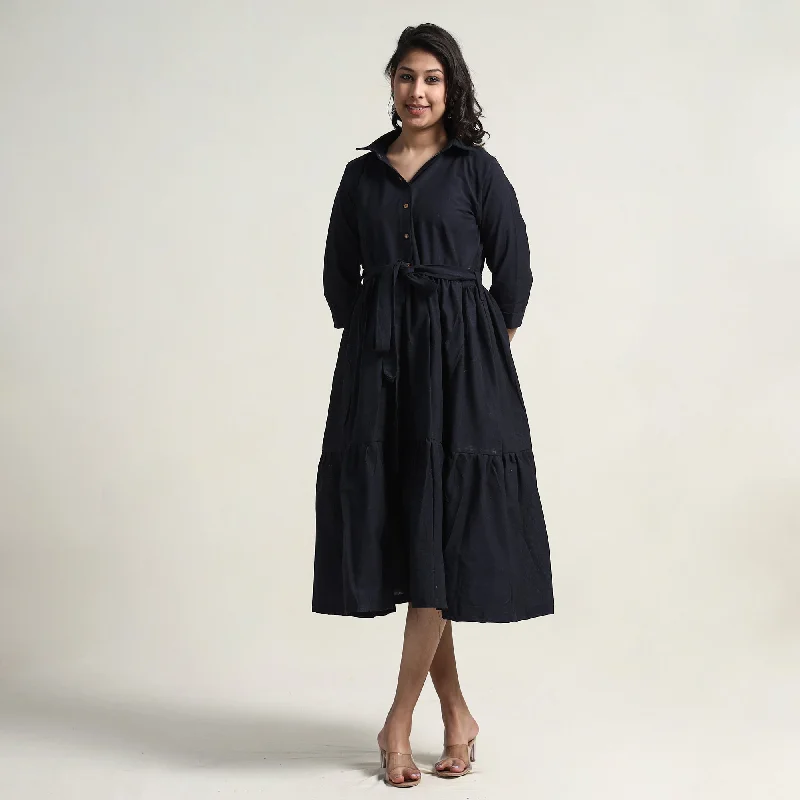 Fashion Sale Black - Plain Handloom Cotton Collared Neck Flare Dress