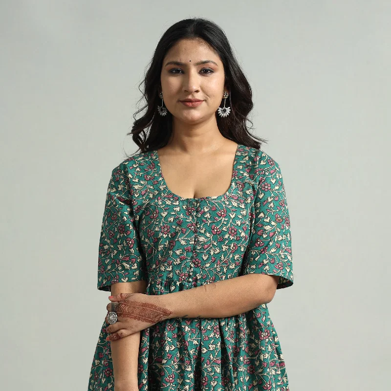 Essentials On Sale Green - Kalamkari Printed Cotton Flared Gher Dress