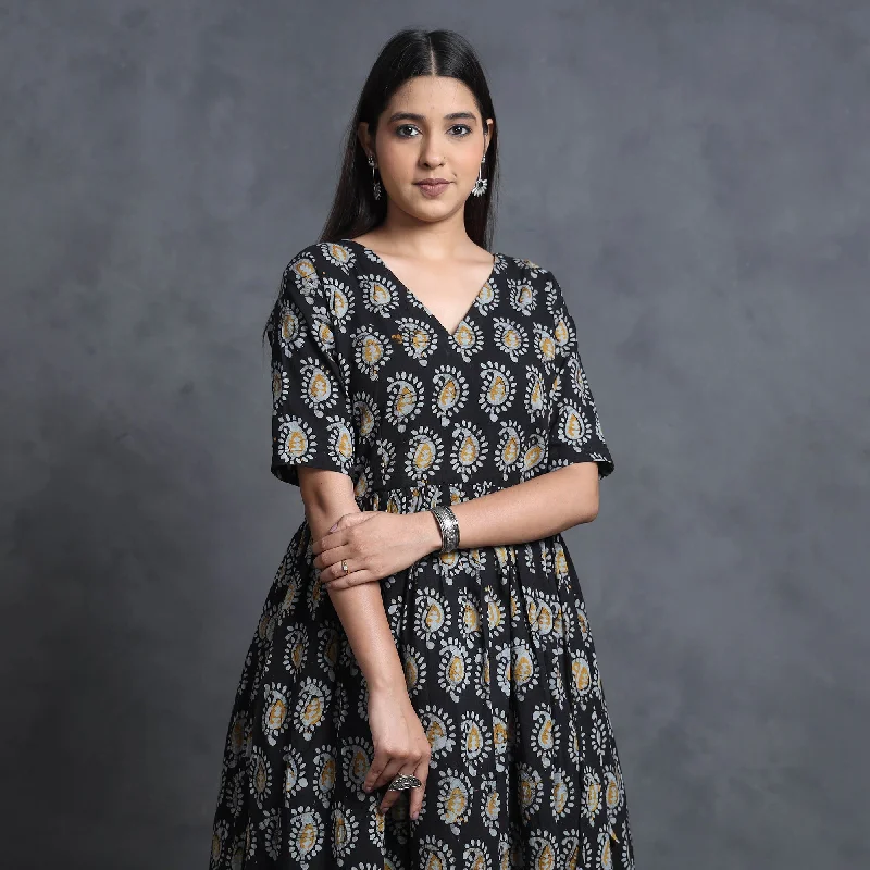 Latest Trends Black - Hand Batik Printed Cotton Flared Gher Dress