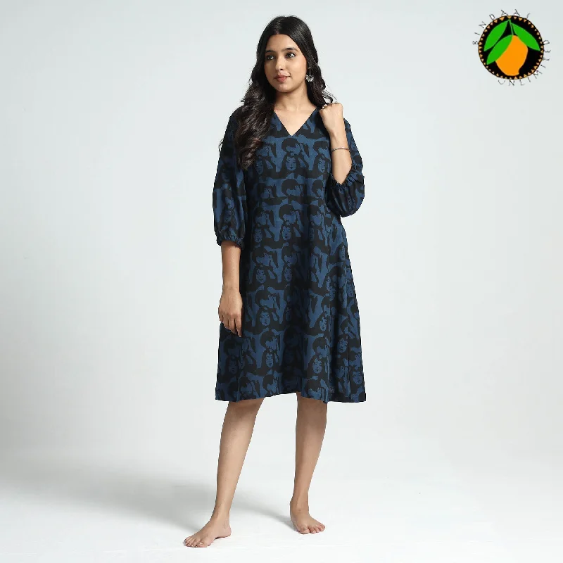 Hot Sale Black & Blue - Bindaas Art Block Printed Cotton Dress