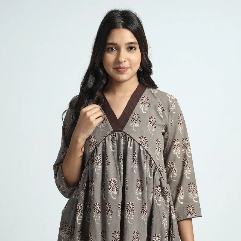 Odd Size Clearance Sale Light Brown - Nandana Hand Block Printed Cotton Dress