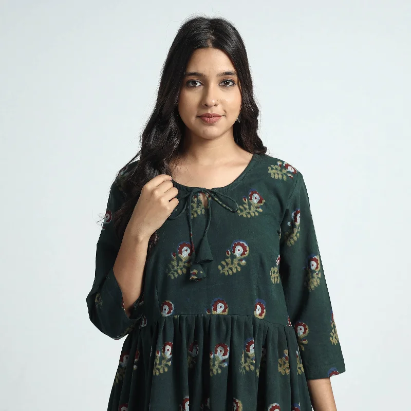 Mega Sales Dark Green - Nandana Hand Block Printed Cotton Dress