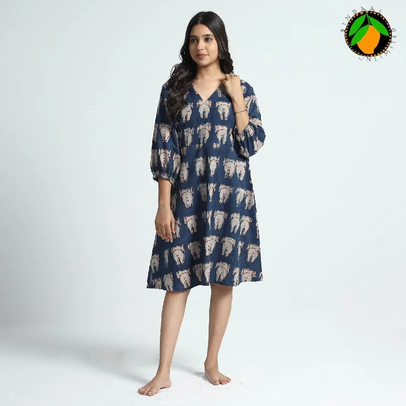 Limited Stock Blue - Bindaas Art Block Printed Cotton Dress