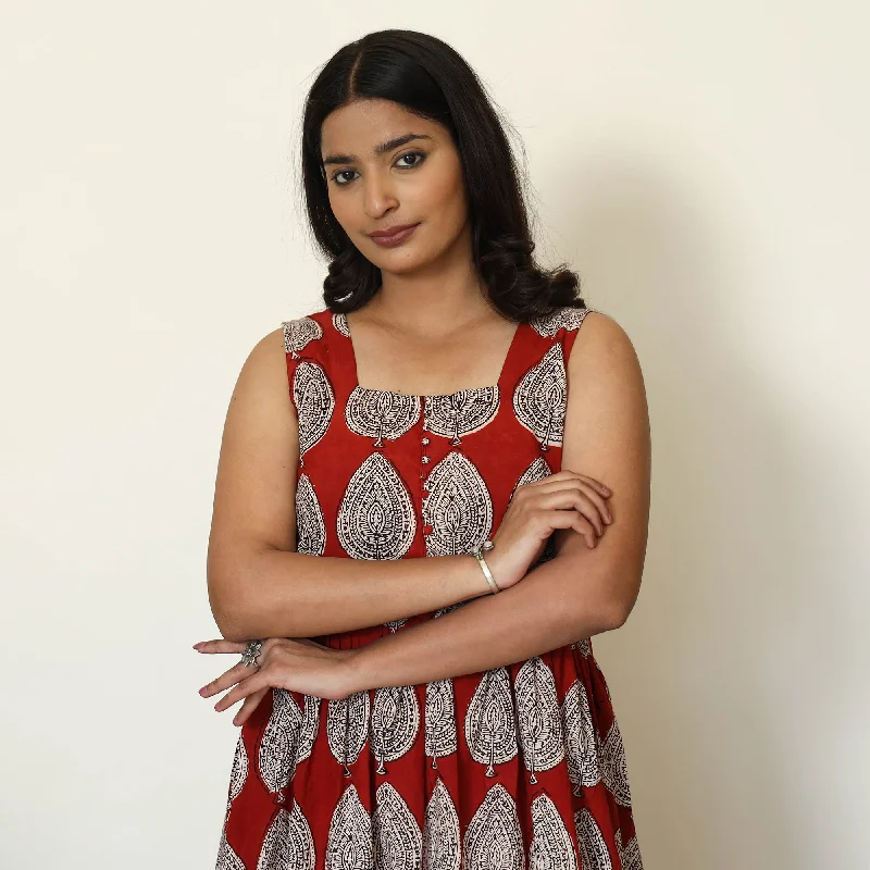 From Casual To Classy Red - Bagh Hand Block Printed Cotton Dress