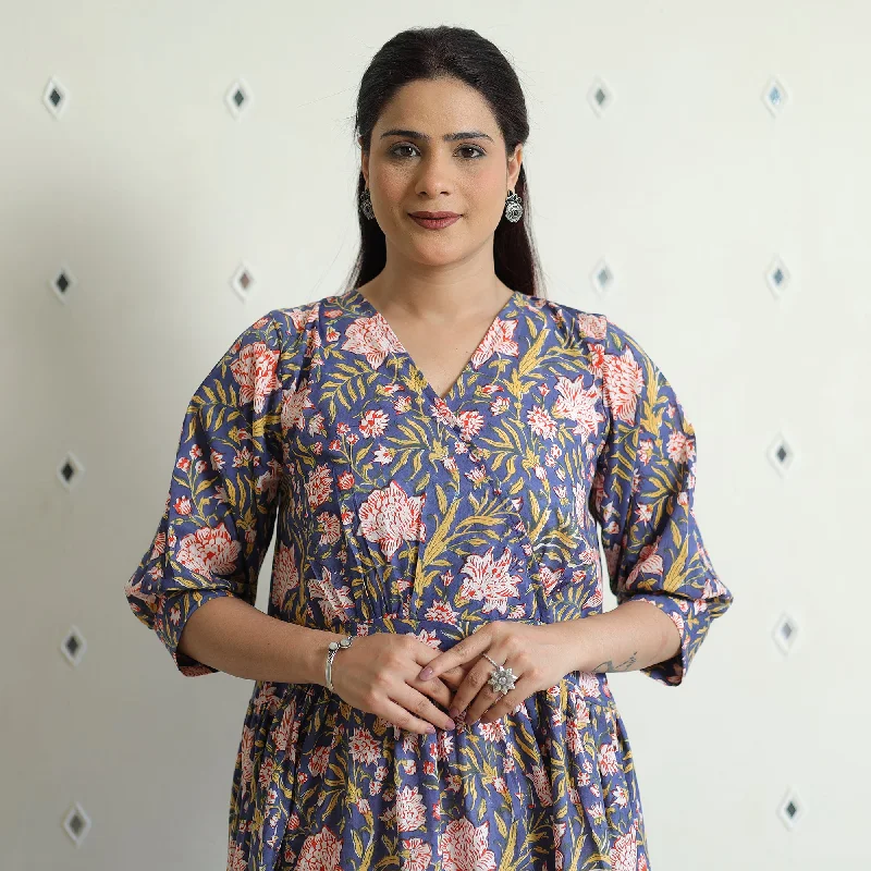 Trend Alert Blue - Sanganeri Block Printed Cotton Angrakha Flared Dress