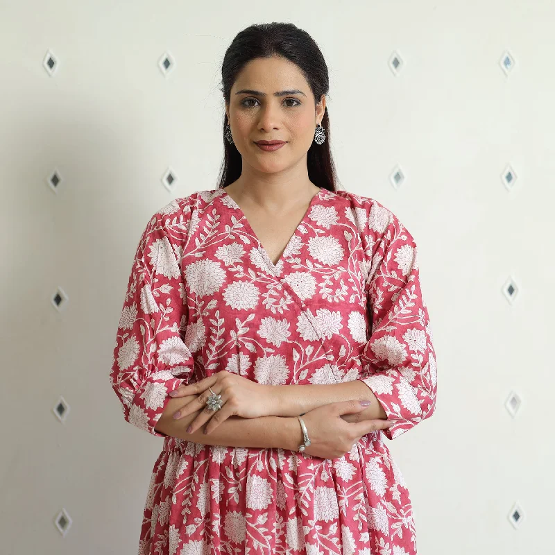 Save Big Pink - Sanganeri Block Printed Cotton Angrakha Flared Dress