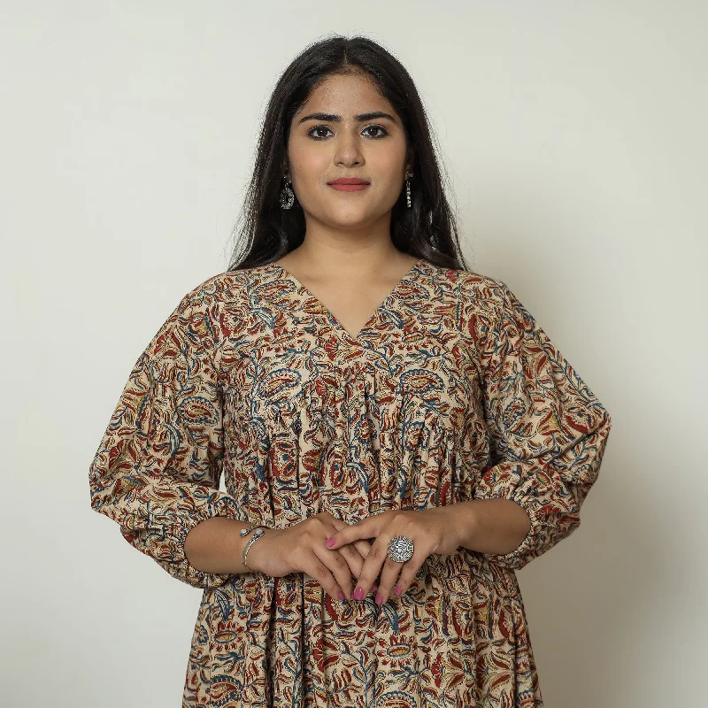 Shop Sale Items Brown - Pedana Kalamkari Block Printed Cotton Flared Gher Dress 10