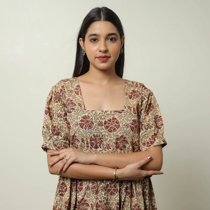 The Good Stuff Beige - Pedana Kalamkari Block Printed Cotton Tiered Dress 03