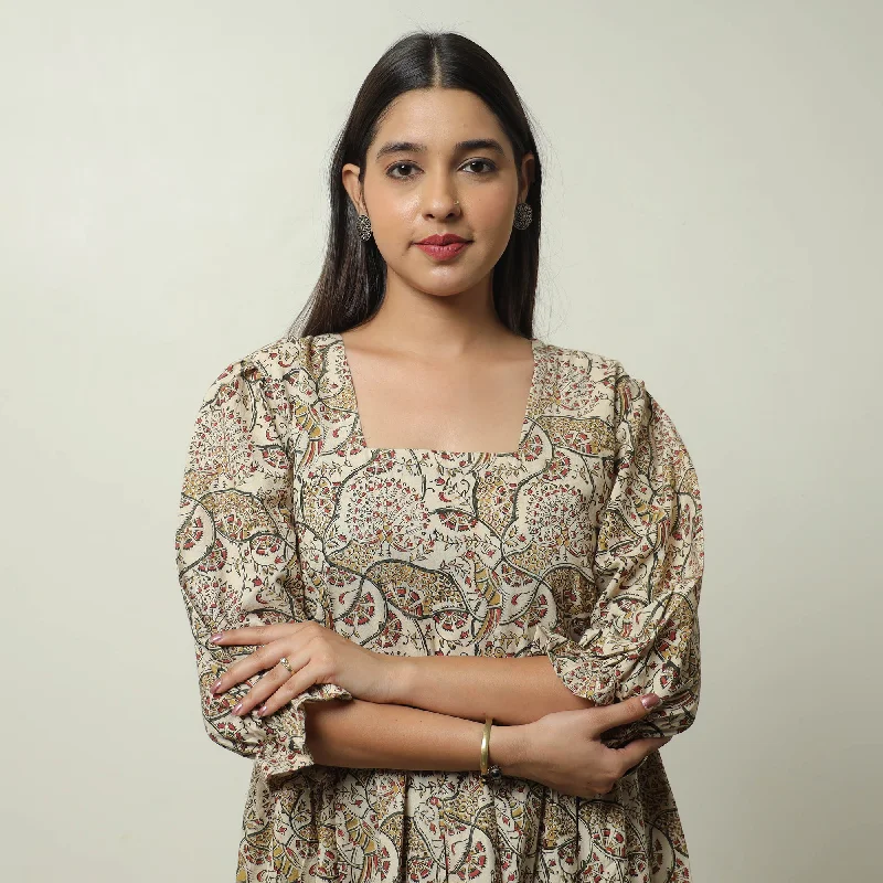 Hot Trends Beige - Pedana Kalamkari Block Printed Cotton Tiered Dress 06