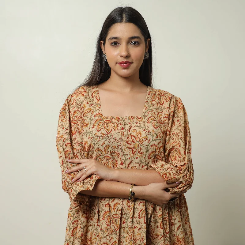 Stylish Savings Beige - Kalamkari Block Printed Cotton Tiered Dress 10