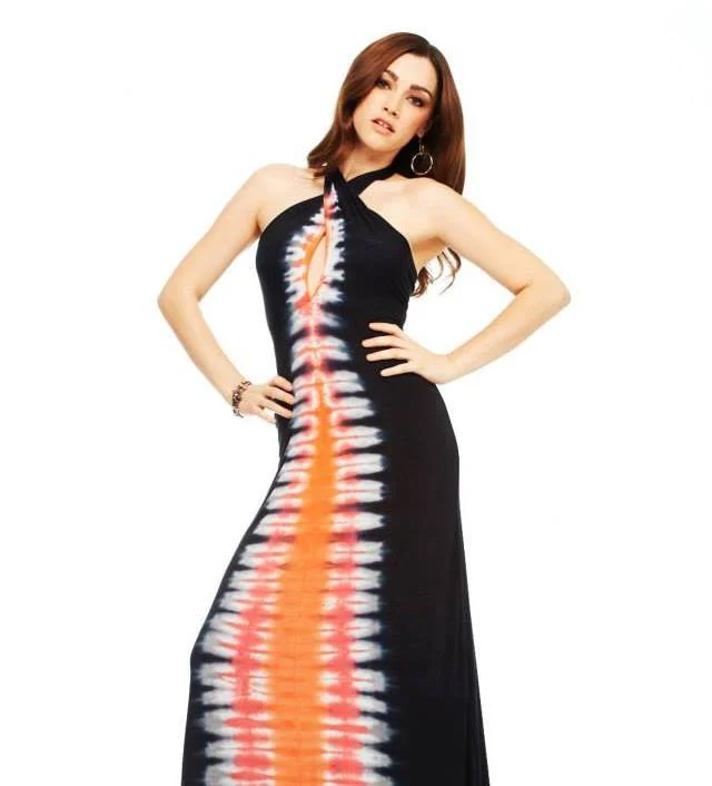 Fashion Forward Outfits E-Motions Halter Maxi Dress Black Orange Tie Dye