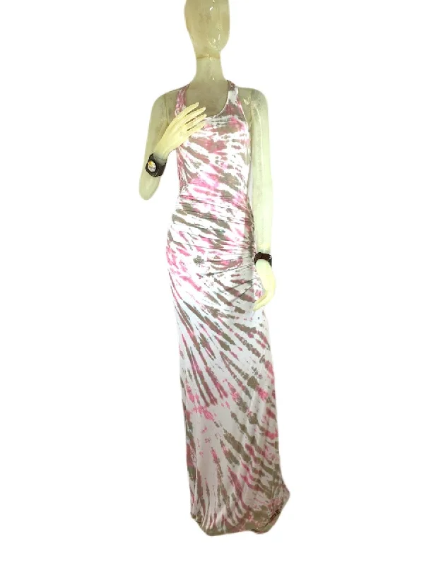 Elevate Your Wardrobe E-Motions Ruched Side Tie Dye Maxi Dress Pink Tan Tiger TD