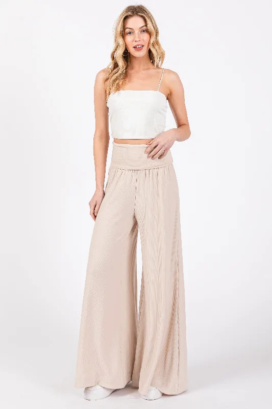 Disco - Inspired Retro Dance Look Beige Ribbed Foldover Waist Wide Leg Pants