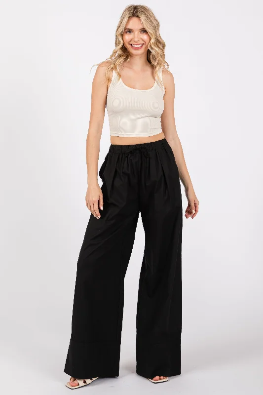 Feminine Flow Black Pleated Drawstring Waist Pants