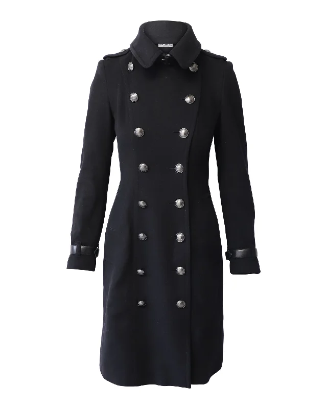 Style Upgrade Burberry Double-Breasted Trench Coat with Leather Detail in Black Wool