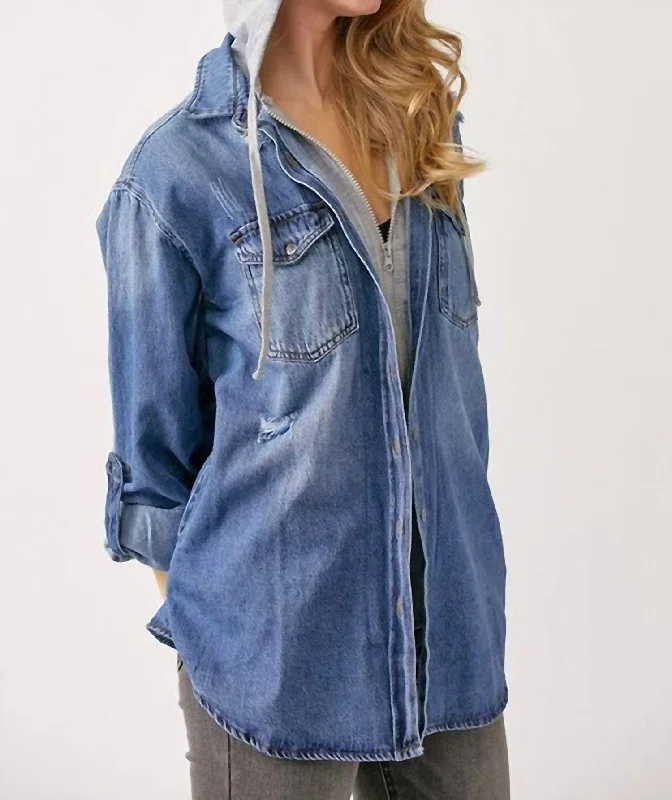 Spring Wardrobe Diane Hooded Shirt Jacket In Denim