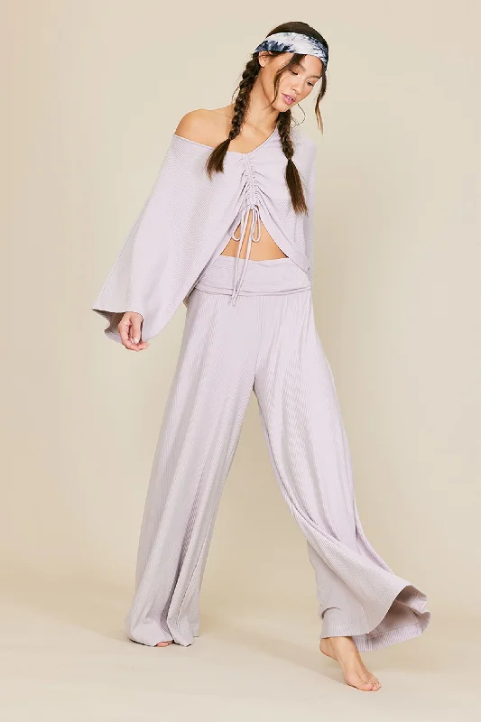 Y2K Nostalgic Fashion Look Grey Ribbed Foldover Waist Wide Leg Pants