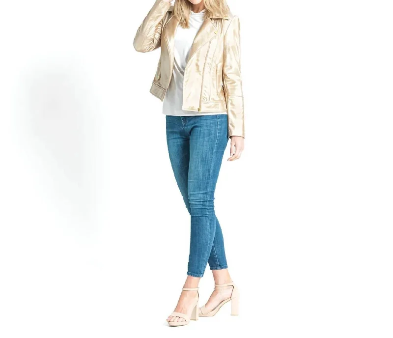 Summer Essentials Liquid Sheen Solid Moto Jacket In Champagne/gold