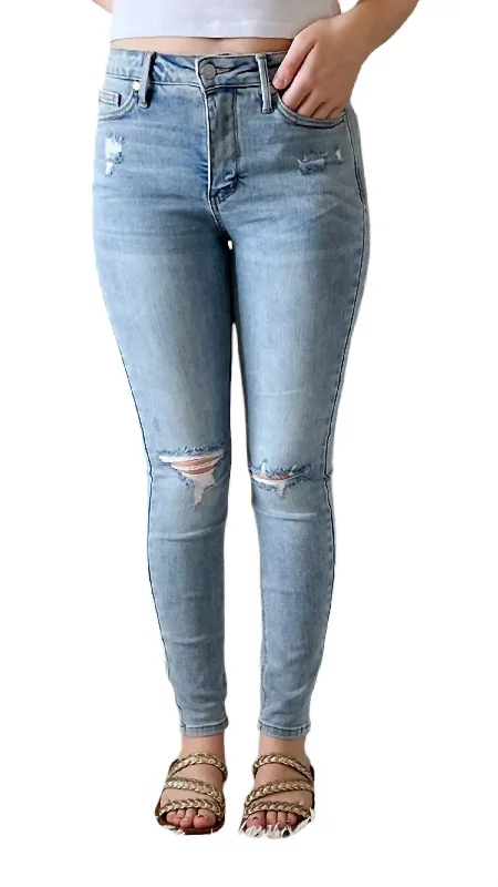 Hot Picks Mid Rise Tummy Control Distressed Jeans In Light Wash