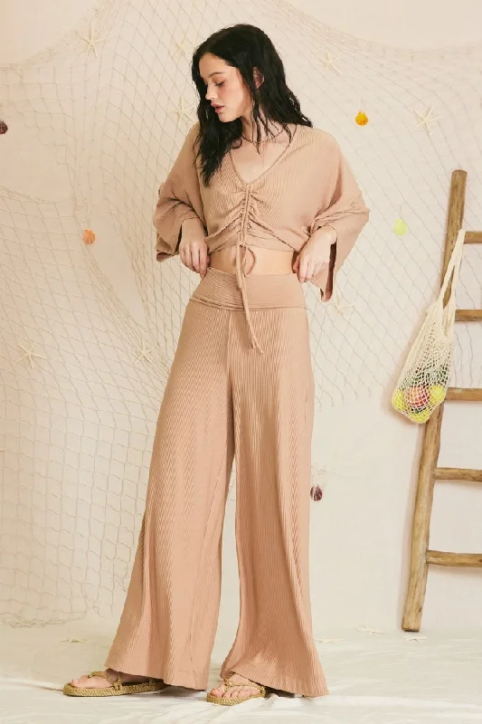 Playful Elegance Mocha Ribbed Foldover Waist Wide Leg Pants