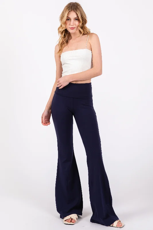 Buy More, Save More Navy Blue Fold-Over Waistband Flared Leggings