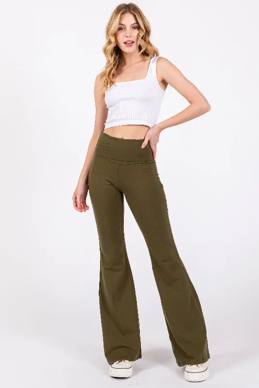 Last Chance Sale Olive Fold-Over Waistband Flared Leggings