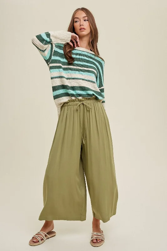 Lightweight Fabric Olive Pleated Elastic Waist Wide Leg Crop Pants