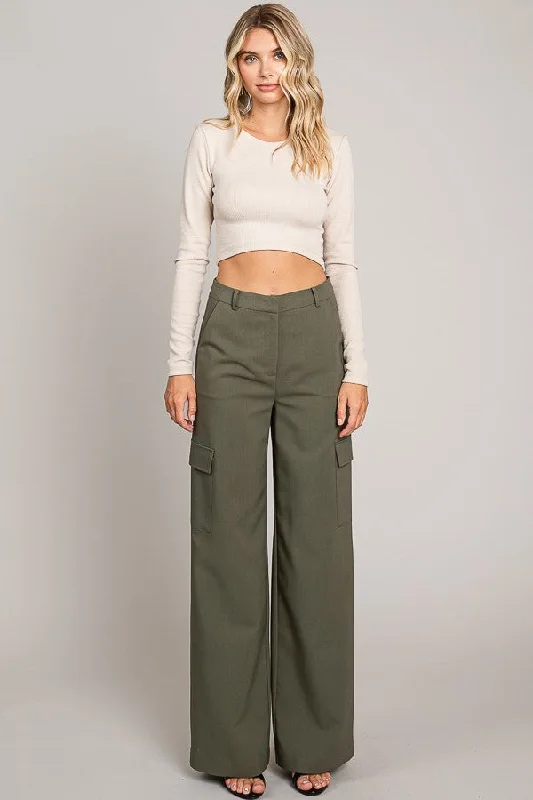 Massive Selection Sale Olive Twill Wide Leg Flap Pocket Pants