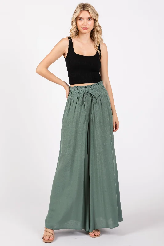 Romantic Date - Night Ensemble Olive Wide Leg Smocked Lightweight Pants