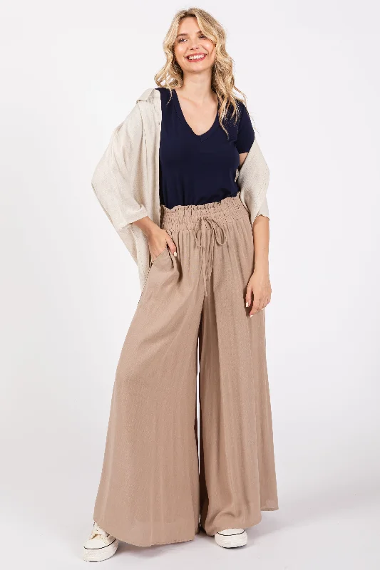 Boho - Chic Festival - Ready Style Taupe Wide Leg Smocked Lightweight Pants